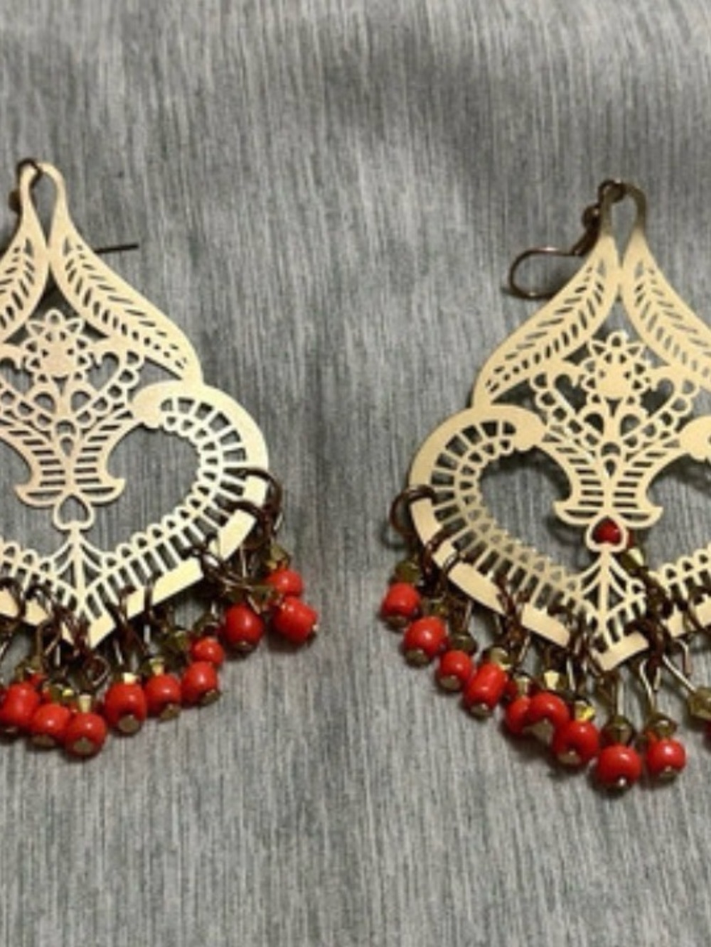Intricate Filigree Gold-Tone Earrings with Red Bead Fringe